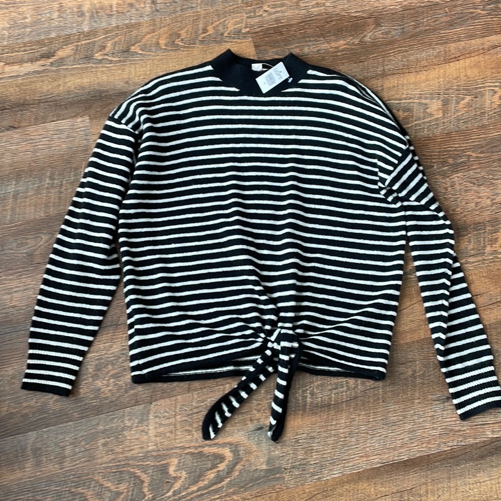 LOFT Black/White Stripe Mock Neck Tie Bottom Sweater - NWT - Small